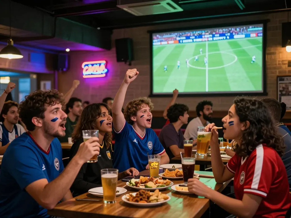 Excited fans enjoying a live Cakhia tv football match in a vibrant sports bar atmosphere.