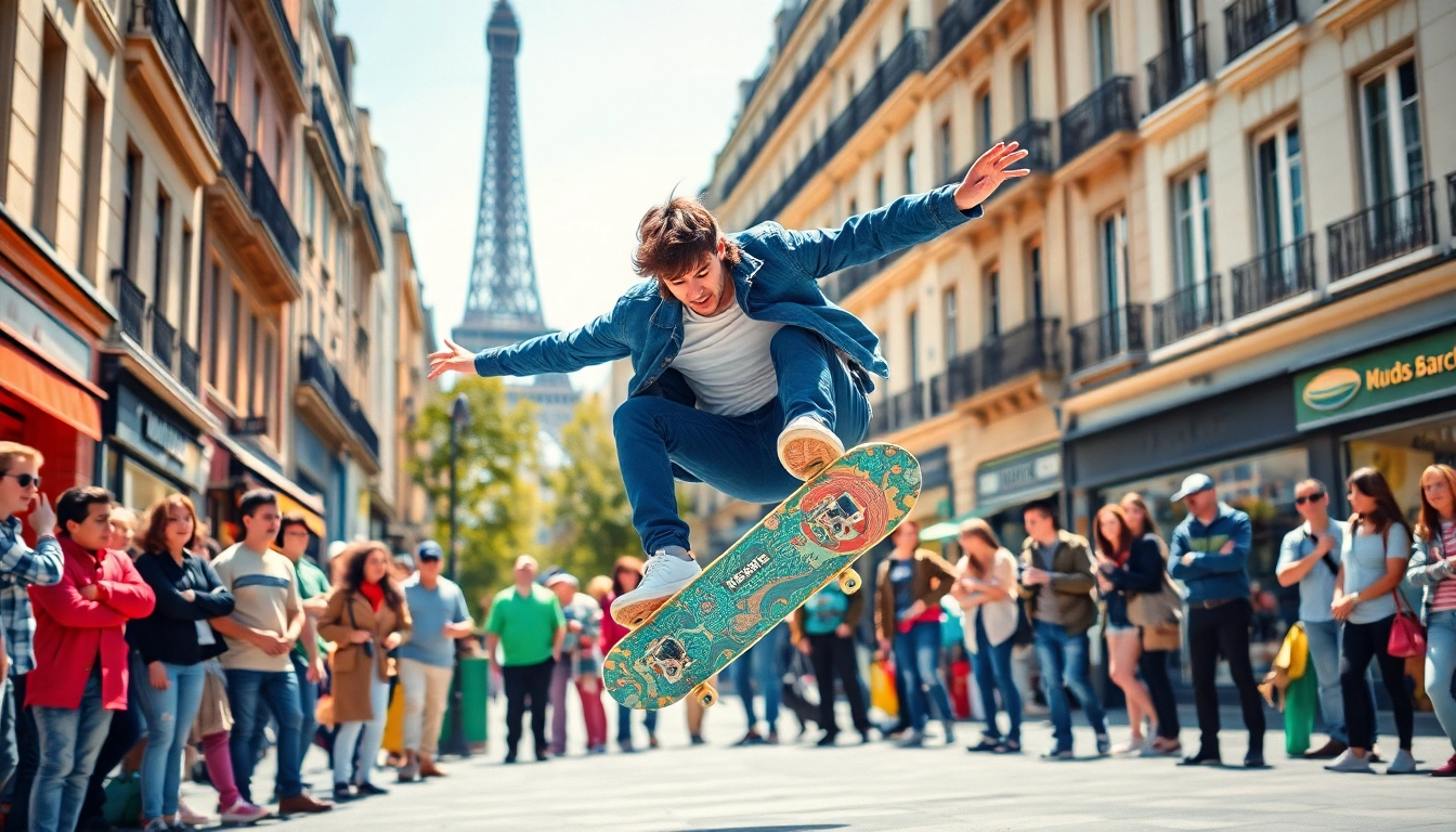 Apprendre le Skate Paris avec un skateur réalisant un trick impressionnant devant un public.