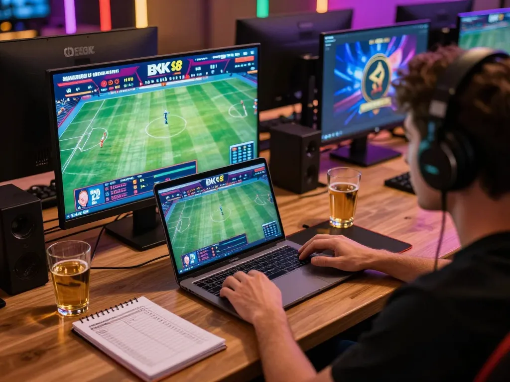 Person engaged in strategic sports betting on BK8's platform, with betting notes at home.