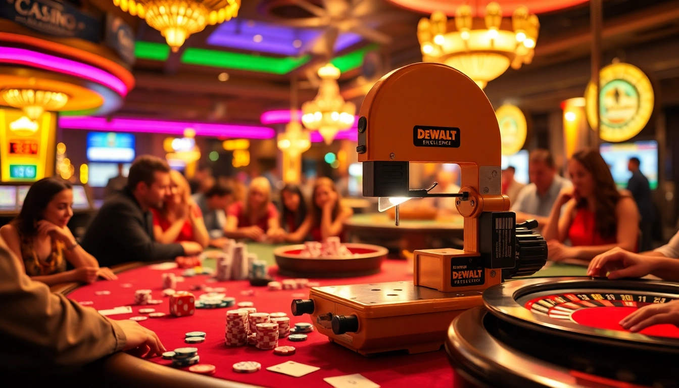 DeWalt band saw cutting wood amidst vibrant casino ambiance with poker chips and cards.