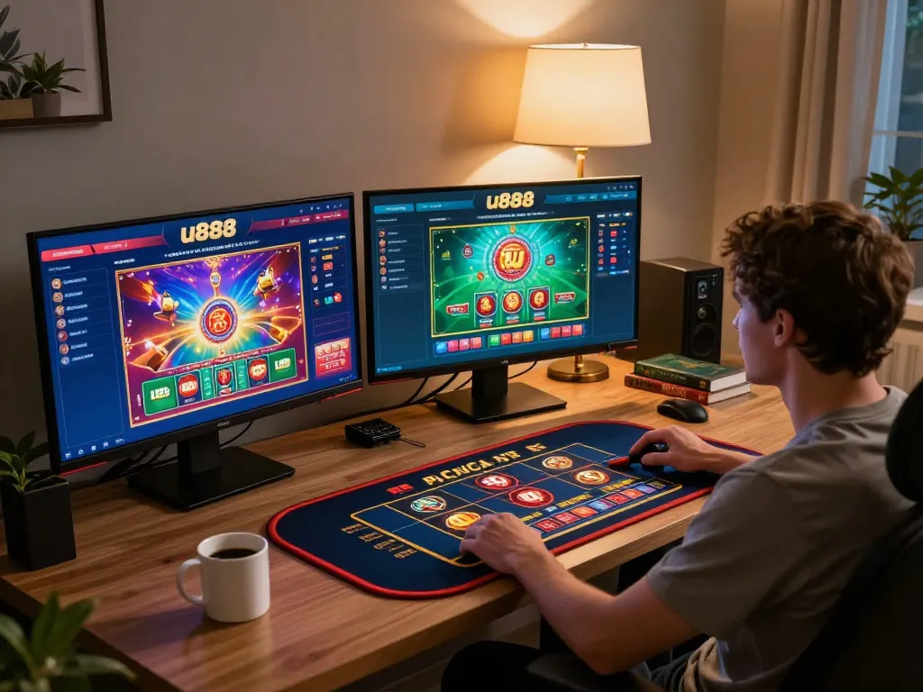 Engaging gameplay on u888 platform in a cozy home gaming setup
