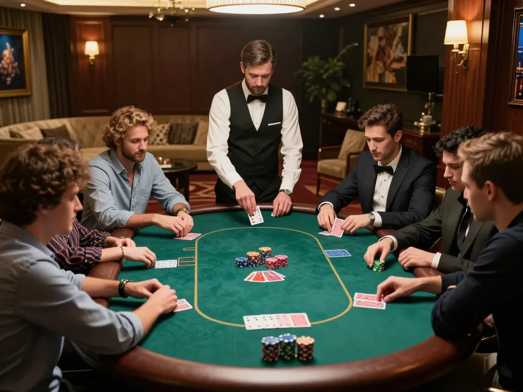 Pemain terlibat dalam permainan poker dengan taruhan tinggi di meja kasino yang mewah menyoroti strategi dan gameplay wma-minelife.