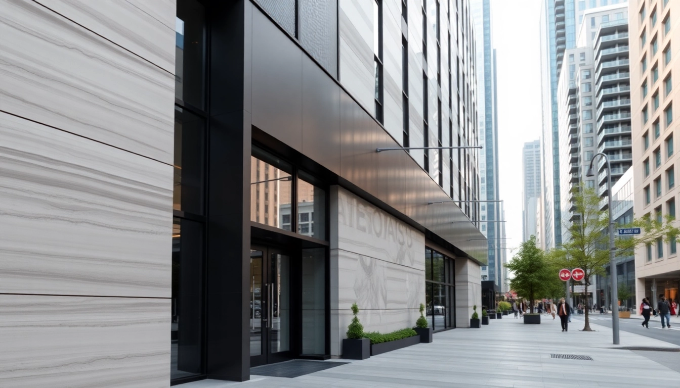 Showcase of Modern Exterior Facade Panels on a contemporary building in a vibrant urban setting.
