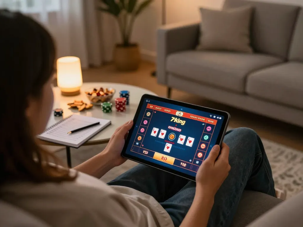 Engaging with Trang chủ 79king while playing poker on a tablet, showcasing a cozy and responsible gaming setup