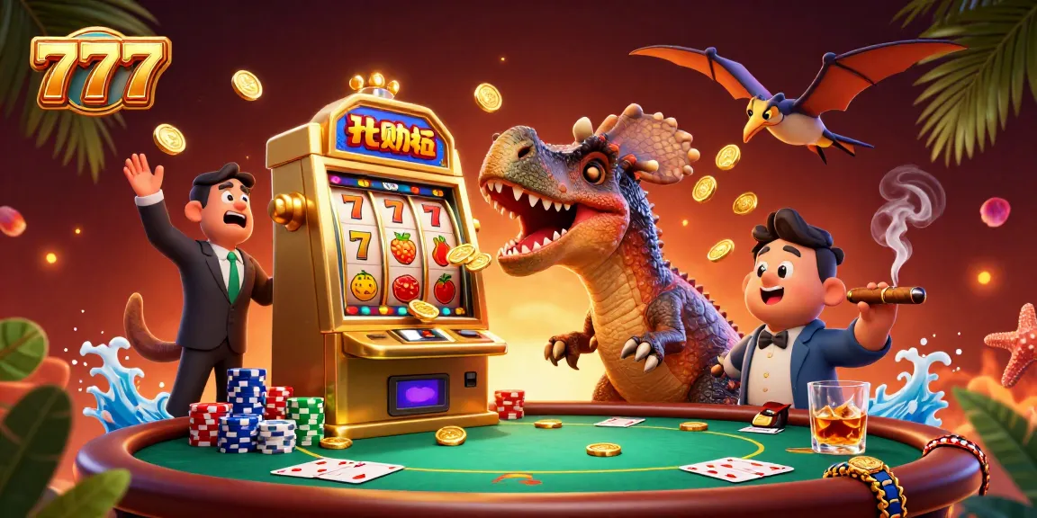 Players at 777 slots celebrate as a pachycephalosaurus wins a jackpot, surrounded by casino elements.