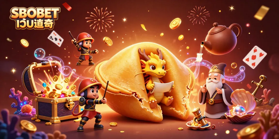 SBOBET เว็บตรง showcases a dynamic casino scene with a golden fortune cookie, dragon, and celebrating warriors amid treasures.