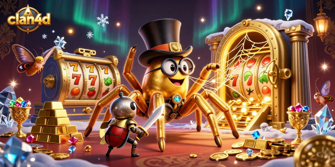 Experience thrilling gameplay with clan4d, featuring a golden tarantula and beetle knight in a casino adventure.